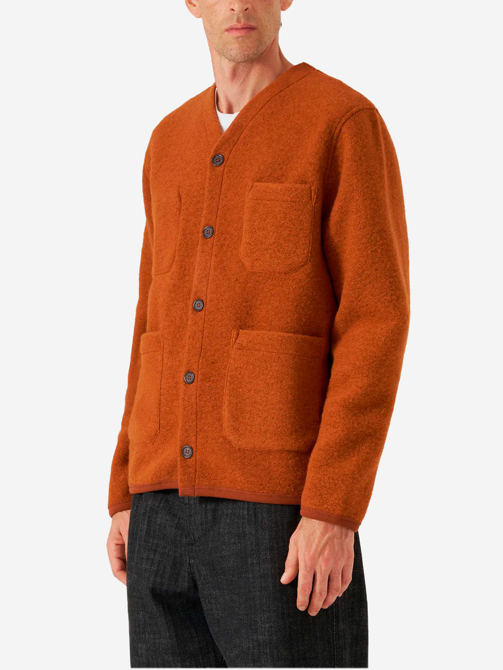 UNIVERSAL WORKS Cardigan ruggine in fleece di lana con tasche applicate Ruggine Urbanstaroma
