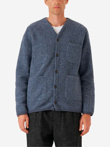 UNIVERSAL WORKS Cardigan blu ardesia in fleece di lana con tasche applicate Celeste