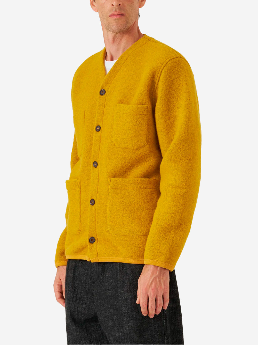 UNIVERSAL WORKS Cardigan giallo in fleece di lana con tasche applicate Giallo Urbanstaroma