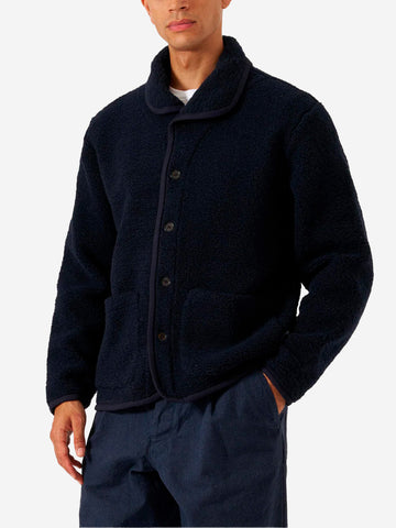 UNIVERSAL WORKS Giacca in pile Lancaster blu navy con collo a scialle Blu scuro