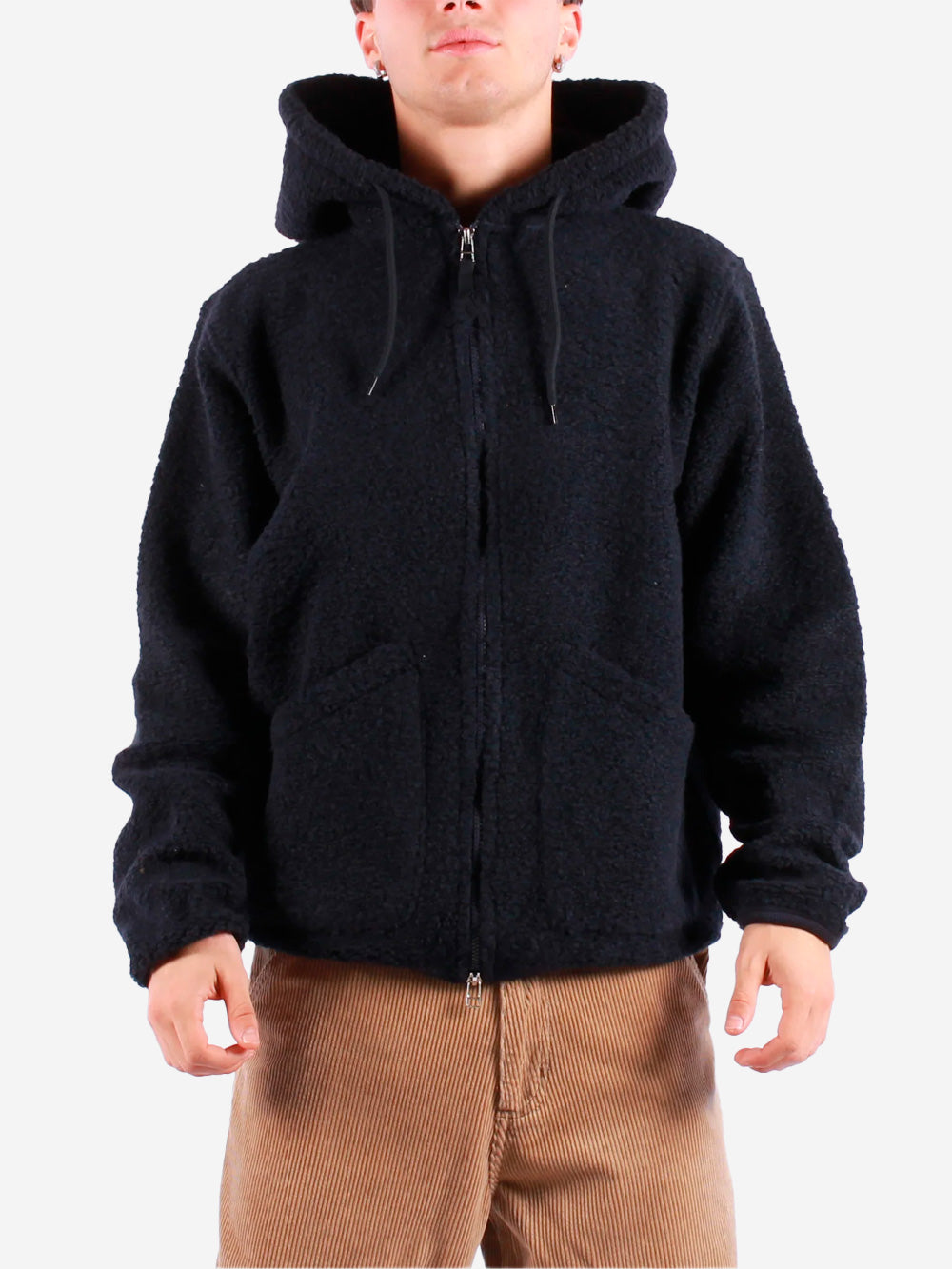 UNIVERSAL WORKS Felpa con cappuccio blu in pile di lana Blu scuro Urbanstaroma