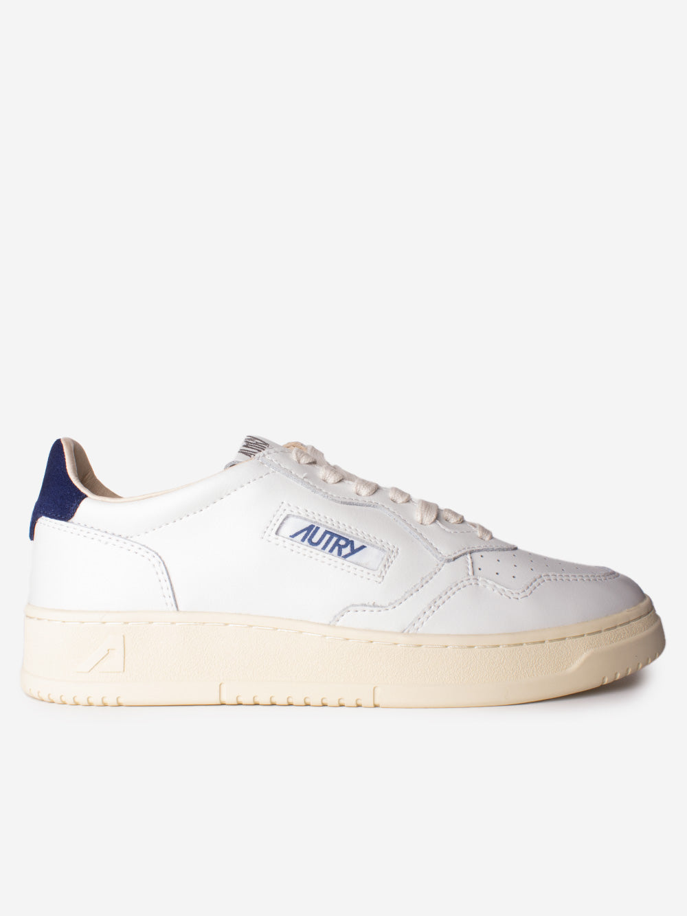 AUTRY M Medalist Low in pelle bianca con logo in suede bianco e talloncino blu Bianca blu Urbanstaroma