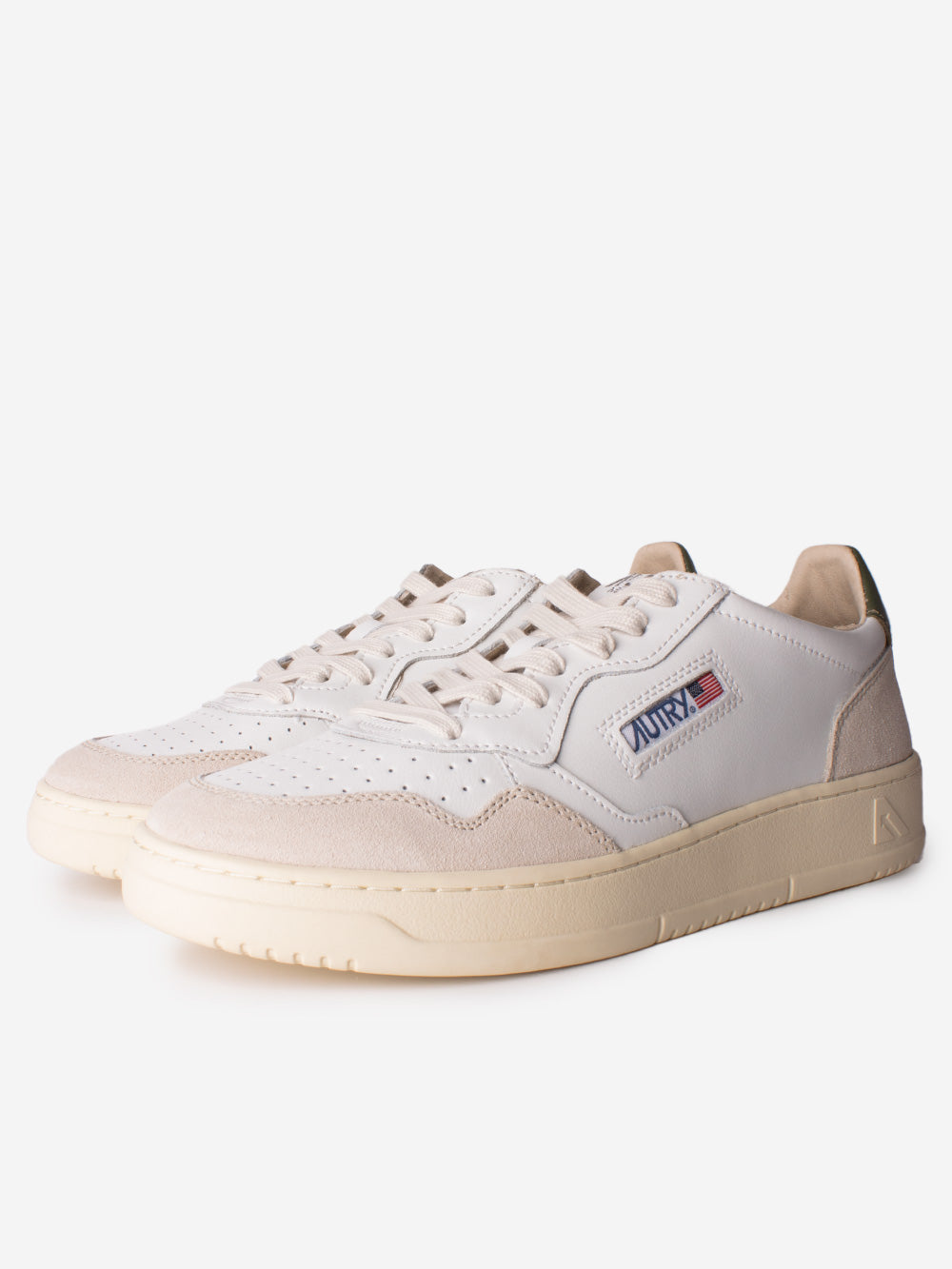 AUTRY M Medalist Low in pelle bianca con suede e talloncino verde Beige Urbanstaroma