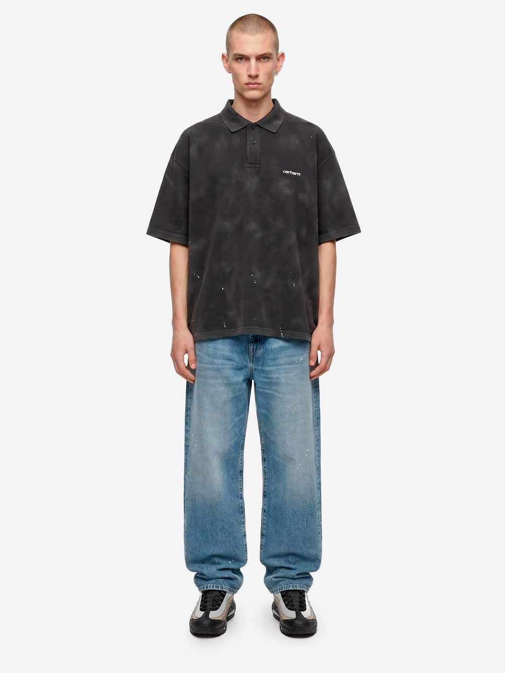 CARHARTT WIP Polo Painter nera con trattamento distressed e vernice Nero Urbanstaroma