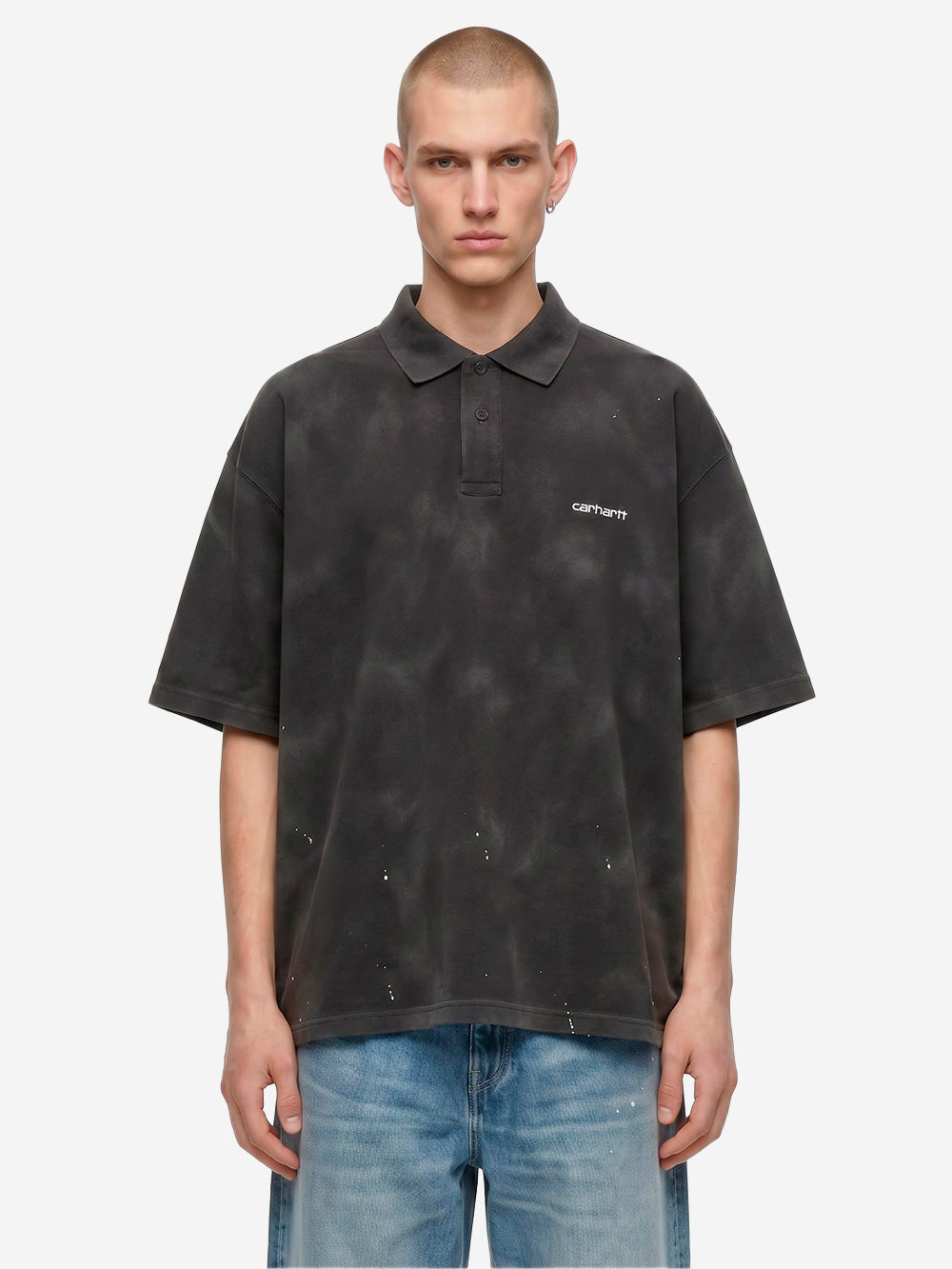 CARHARTT WIP Polo Painter nera con trattamento distressed e vernice Nero Urbanstaroma