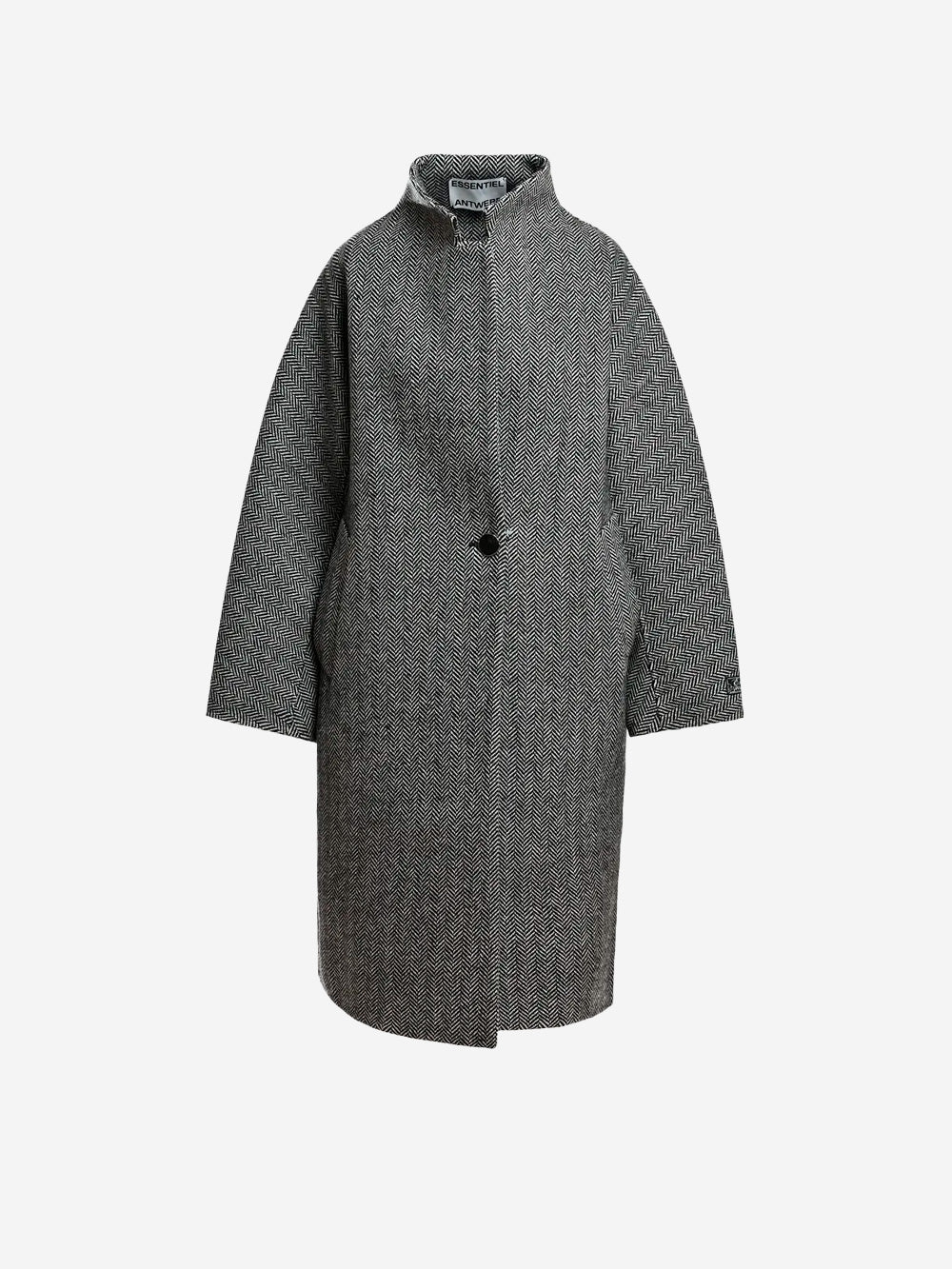 ESSENTIEL ANTWERP Cappotto Cocoon Oversize in Misto Lana a Spina di Pesce Grigio nero Urbanstaroma