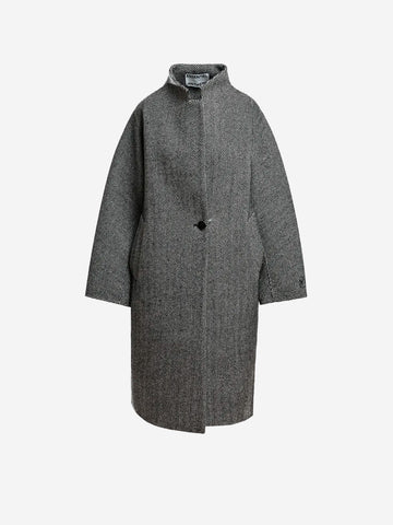 ESSENTIEL ANTWERP Cappotto Cocoon Oversize in Misto Lana a Spina di Pesce Grigio nero