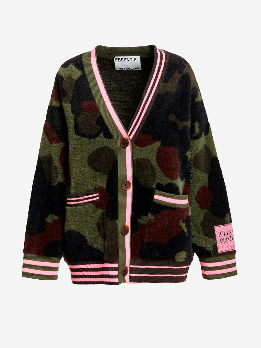 ESSENTIEL ANTWERP Cardigan in jacquard mimetico con bordi rosa Camoflage Urbanstaroma