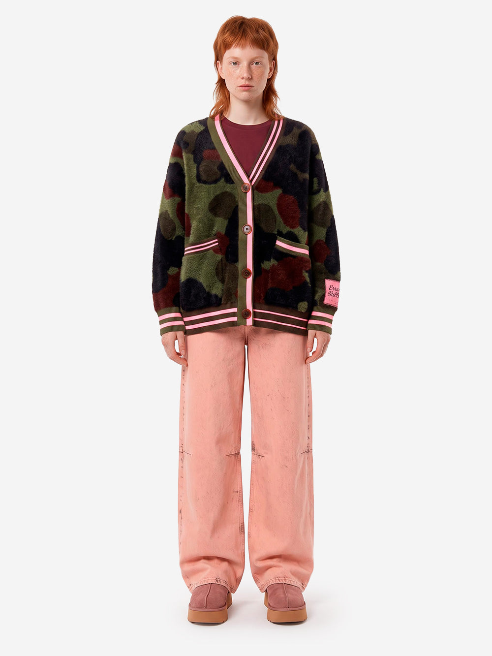 ESSENTIEL ANTWERP Cardigan in jacquard mimetico con bordi rosa Camoflage Urbanstaroma