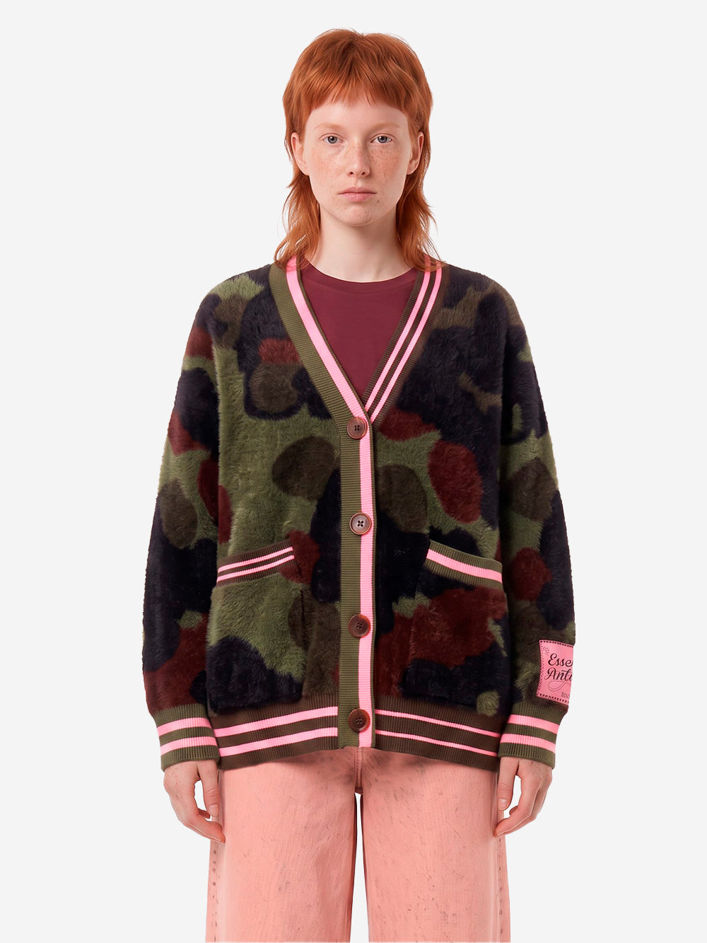 ESSENTIEL ANTWERP Cardigan in jacquard mimetico con bordi rosa Camoflage Urbanstaroma