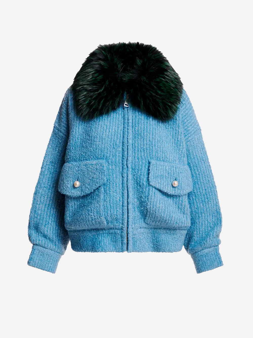 ESSENTIEL ANTWERP Bomber azzurro in bouclé con colletto rimovibile in pelliccia sintetica Celeste Urbanstaroma