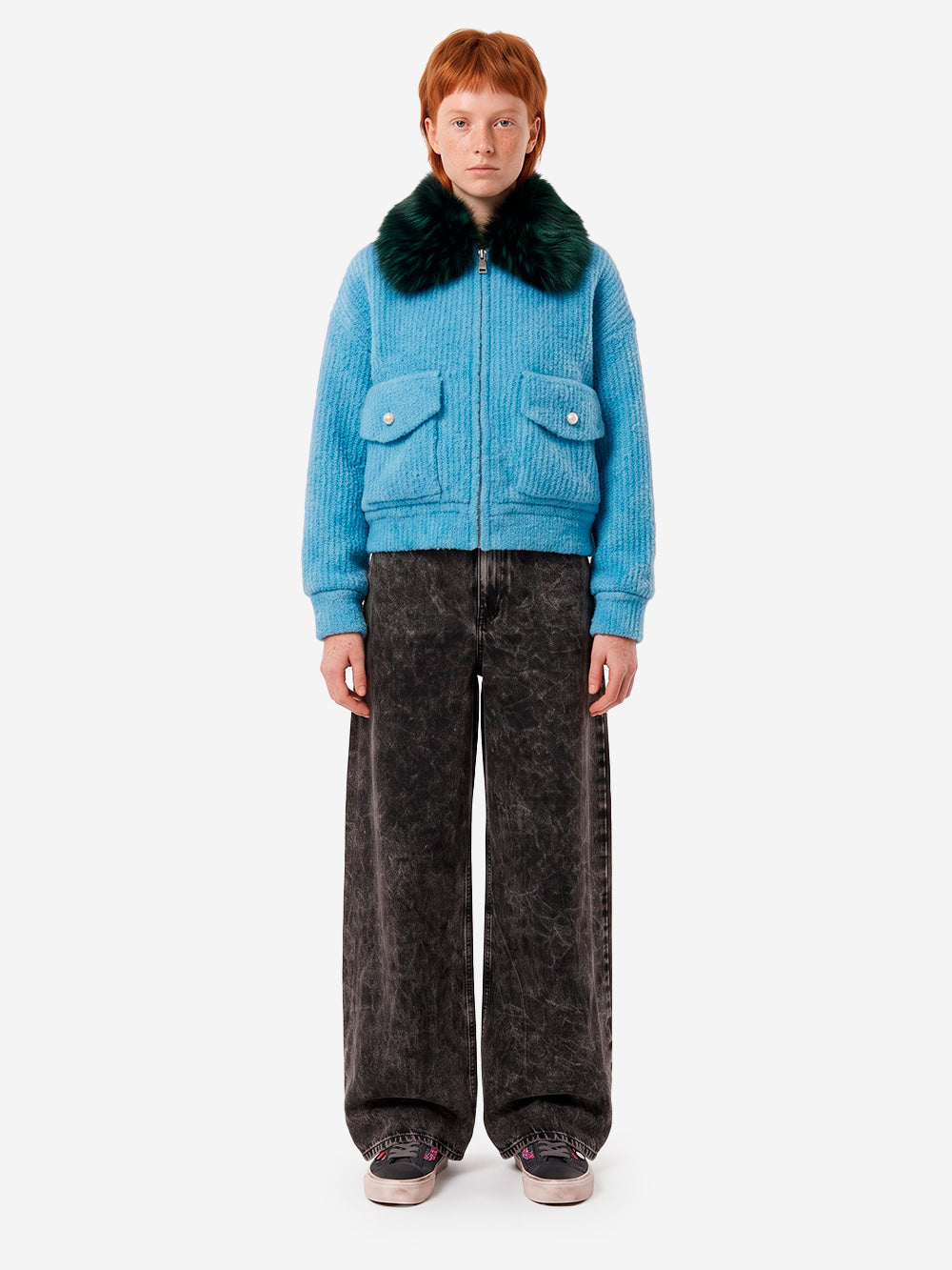 ESSENTIEL ANTWERP Bomber azzurro in bouclé con colletto rimovibile in pelliccia sintetica Celeste Urbanstaroma