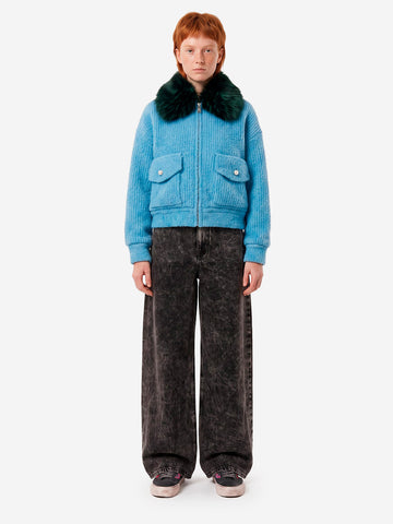 ESSENTIEL ANTWERP Bomber azzurro in bouclé con colletto rimovibile in pelliccia sintetica Celeste