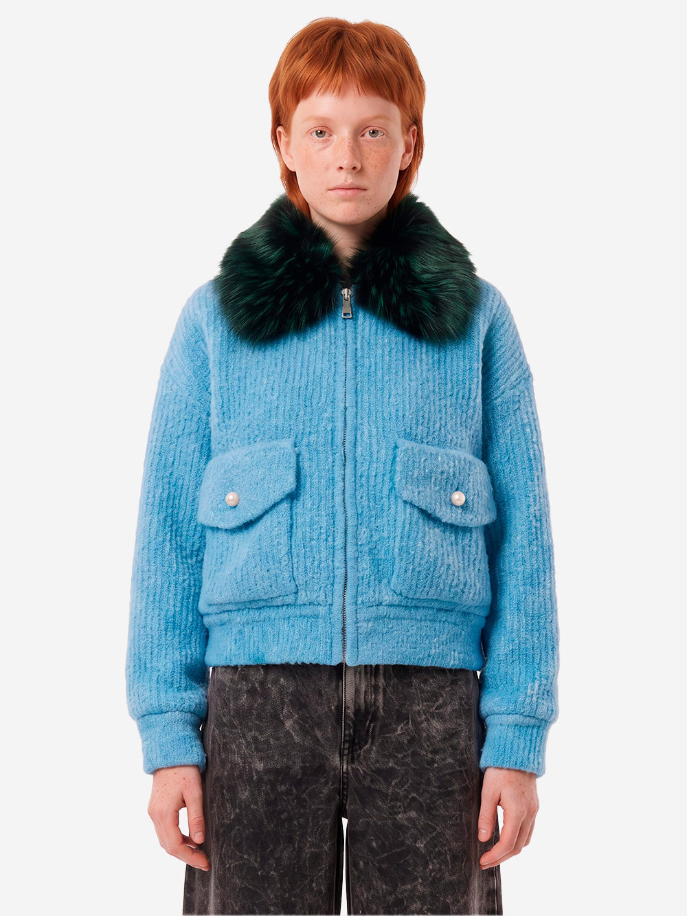 ESSENTIEL ANTWERP Bomber azzurro in bouclé con colletto rimovibile in pelliccia sintetica Celeste Urbanstaroma