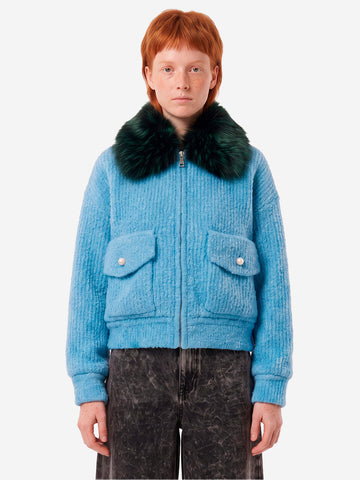 ESSENTIEL ANTWERP Bomber azzurro in bouclé con colletto rimovibile in pelliccia sintetica Celeste