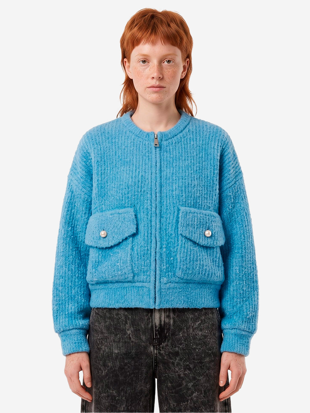 ESSENTIEL ANTWERP Bomber azzurro in bouclé con colletto rimovibile in pelliccia sintetica Celeste Urbanstaroma