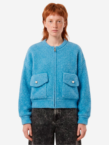 ESSENTIEL ANTWERP Bomber azzurro in bouclé con colletto rimovibile in pelliccia sintetica Celeste