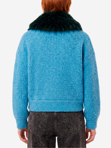 ESSENTIEL ANTWERP Bomber azzurro in bouclé con colletto rimovibile in pelliccia sintetica Celeste