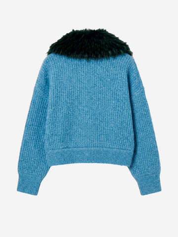 ESSENTIEL ANTWERP Bomber azzurro in bouclé con colletto rimovibile in pelliccia sintetica Celeste