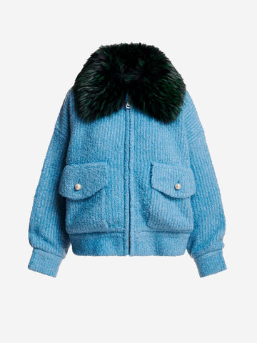 ESSENTIEL ANTWERP Bomber azzurro in bouclé con colletto rimovibile in pelliccia sintetica Celeste