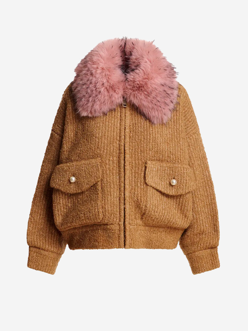 ESSENTIEL ANTWERP Bomber cammello in bouclé con colletto rimovibile in pelliccia sintetica Cammello Urbanstaroma