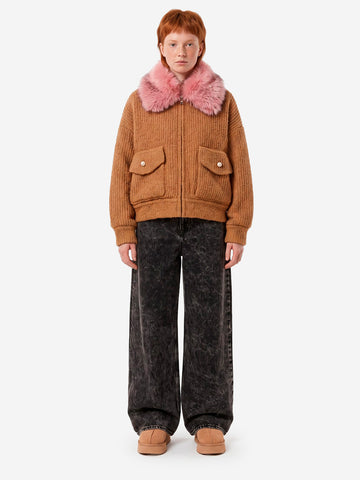 ESSENTIEL ANTWERP Bomber cammello in bouclé con colletto rimovibile in pelliccia sintetica Cammello