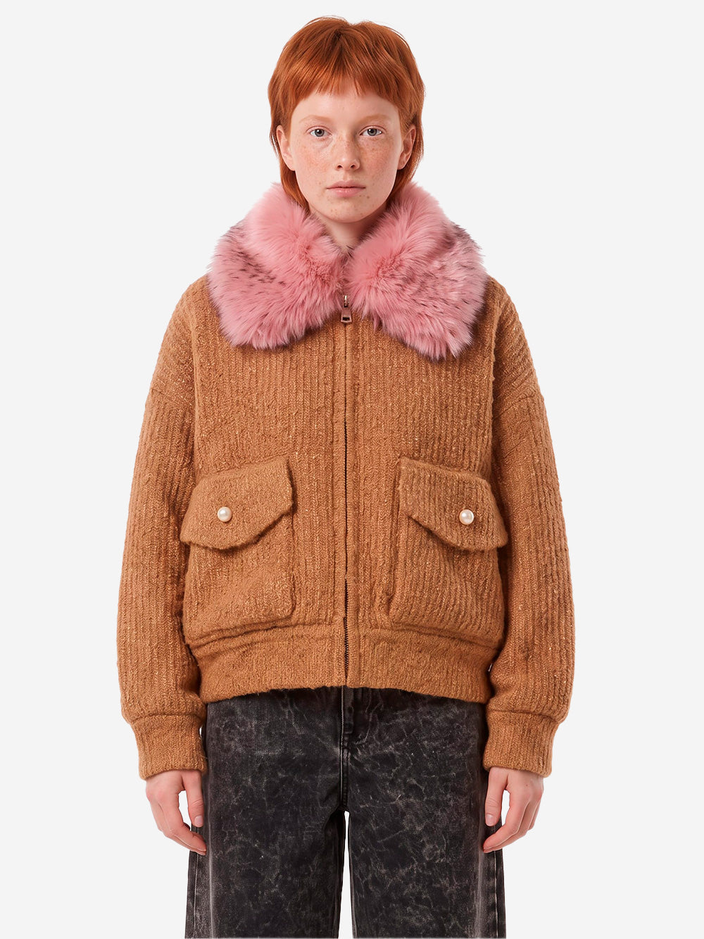 ESSENTIEL ANTWERP Bomber cammello in bouclé con colletto rimovibile in pelliccia sintetica Cammello Urbanstaroma