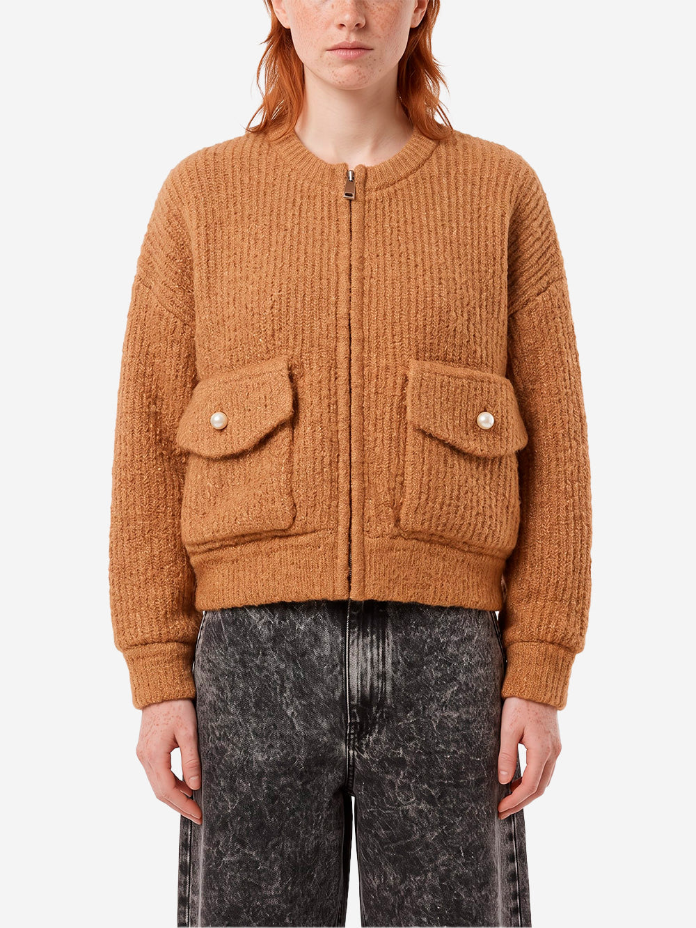 ESSENTIEL ANTWERP Bomber cammello in bouclé con colletto rimovibile in pelliccia sintetica Cammello Urbanstaroma