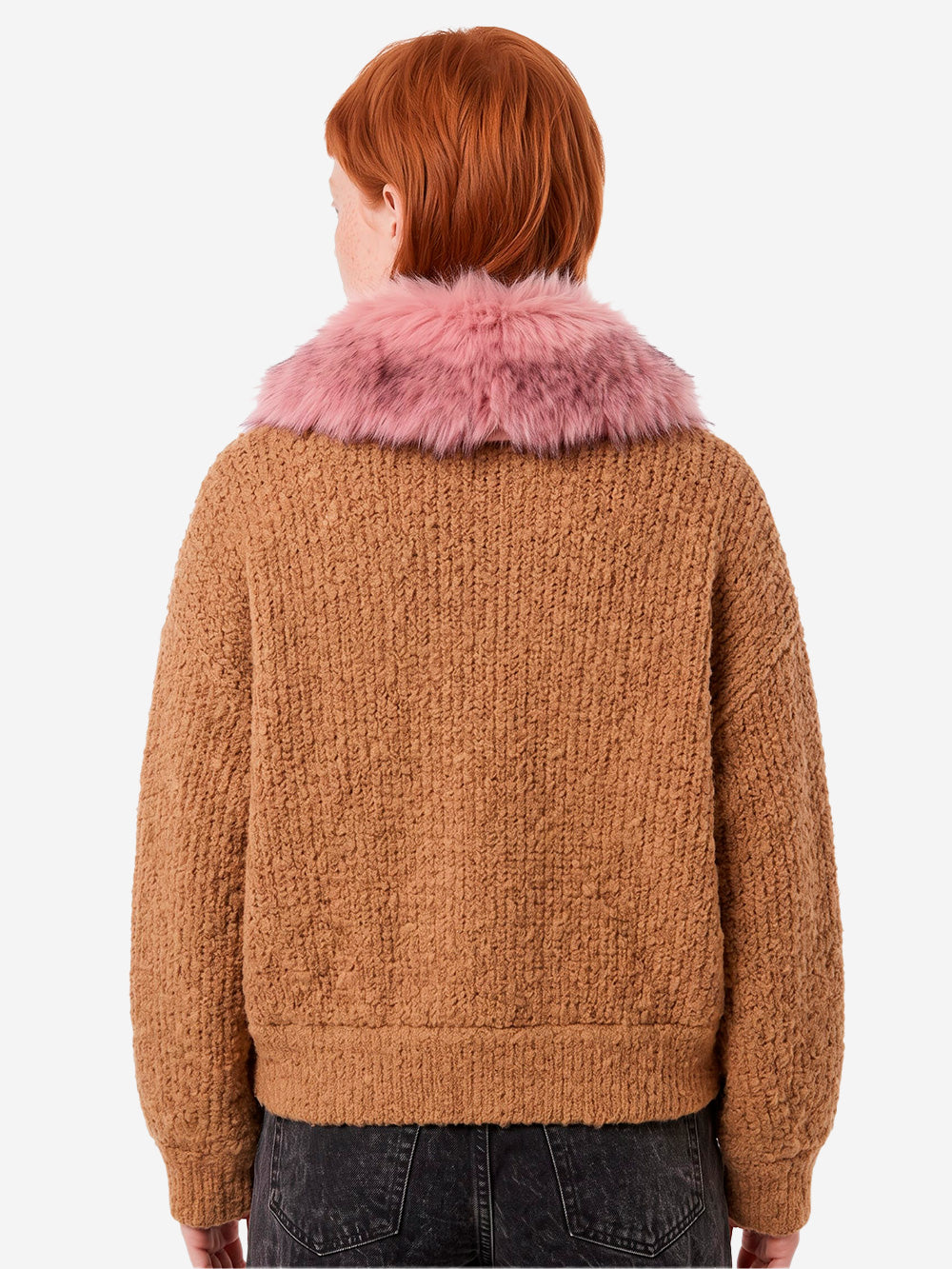 ESSENTIEL ANTWERP Bomber cammello in bouclé con colletto rimovibile in pelliccia sintetica Cammello Urbanstaroma