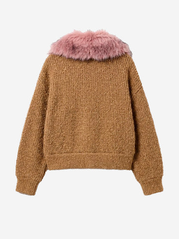 ESSENTIEL ANTWERP Bomber cammello in bouclé con colletto rimovibile in pelliccia sintetica Cammello