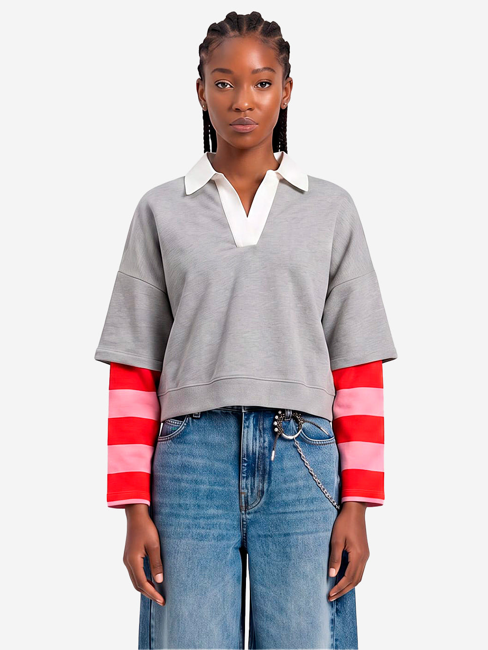 ESSENTIEL ANTWERP Felpa grigia a strati con collo a polo e maniche a righe grigio Urbanstaroma