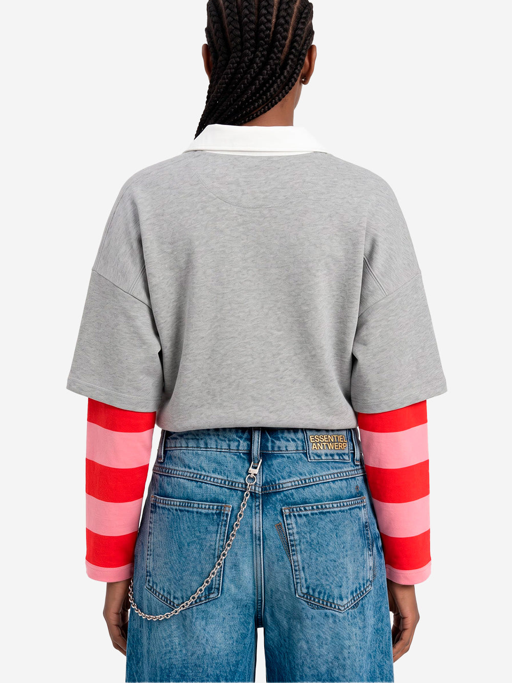 ESSENTIEL ANTWERP Felpa grigia a strati con collo a polo e maniche a righe grigio Urbanstaroma