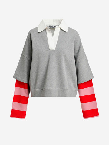 ESSENTIEL ANTWERP Felpa grigia a strati con collo a polo e maniche a righe grigio