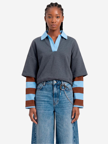 ESSENTIEL ANTWERP Felpa grigio scuro a strati con collo a polo e maniche a righe Grigio scuro