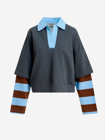 ESSENTIEL ANTWERP Felpa grigio scuro a strati con collo a polo e maniche a righe Grigio scuro