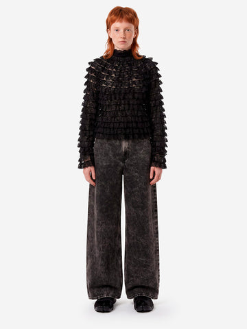 ESSENTIEL ANTWERP Maglia in pizzo nero con volant a strati Nero