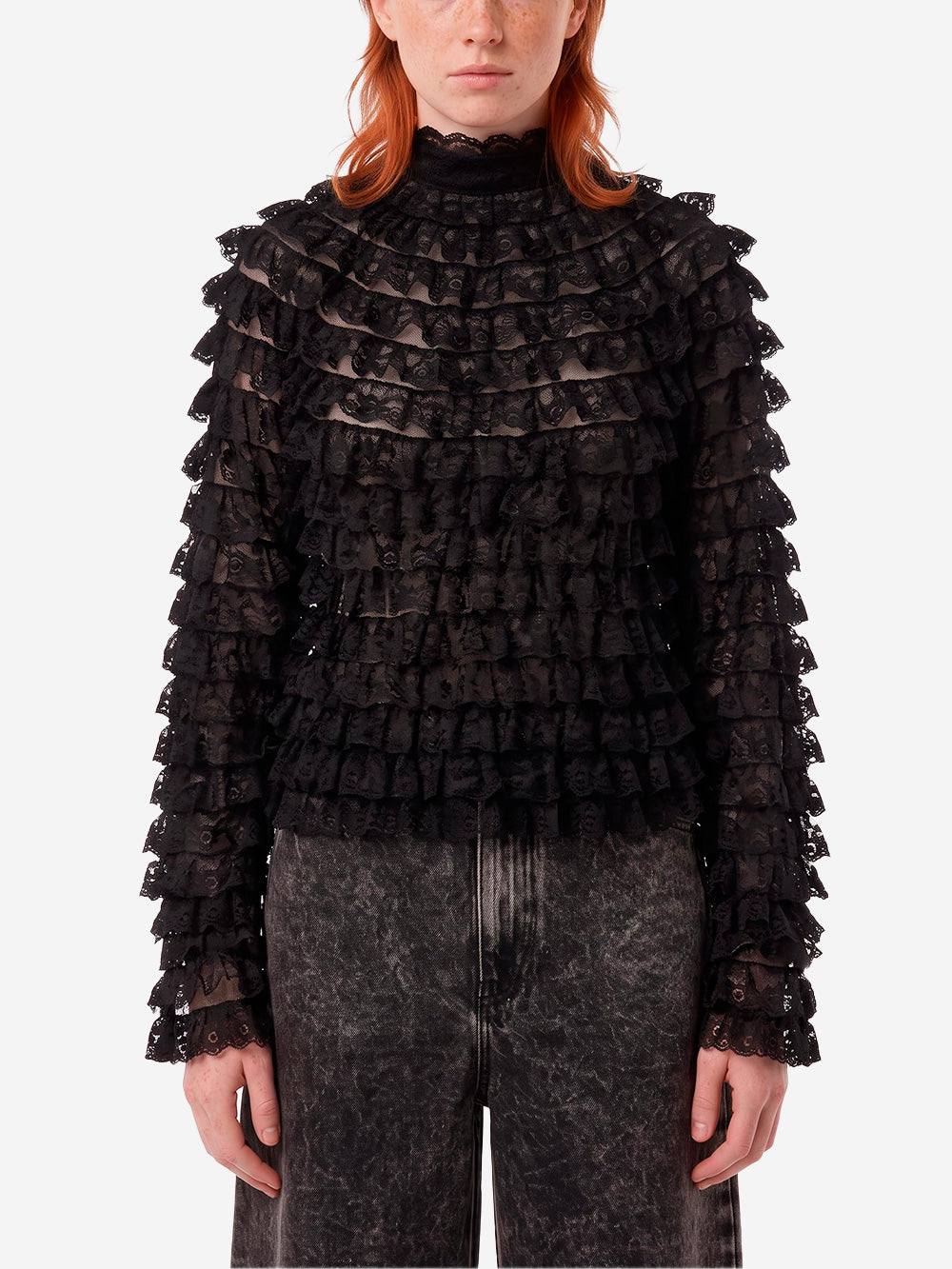 ESSENTIEL ANTWERP Maglia in pizzo nero con volant a strati Nero Urbanstaroma