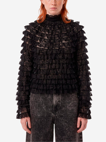 ESSENTIEL ANTWERP Maglia in pizzo nero con volant a strati Nero