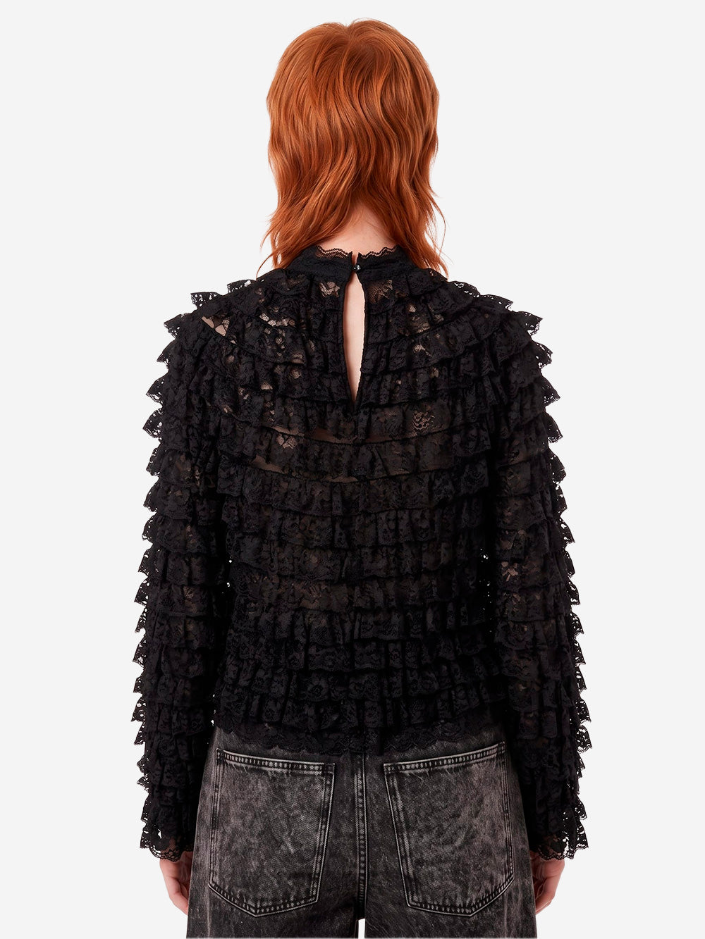 ESSENTIEL ANTWERP Maglia in pizzo nero con volant a strati Nero Urbanstaroma
