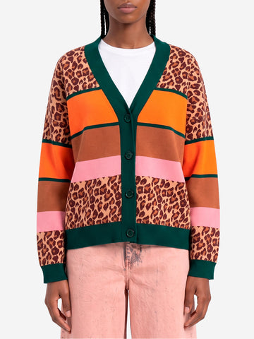 ESSENTIEL ANTWERP Cardigan color-block in maglia con stampa leopardata Multicolor