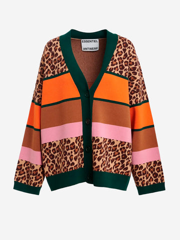 ESSENTIEL ANTWERP Cardigan color-block in maglia con stampa leopardata Multicolor