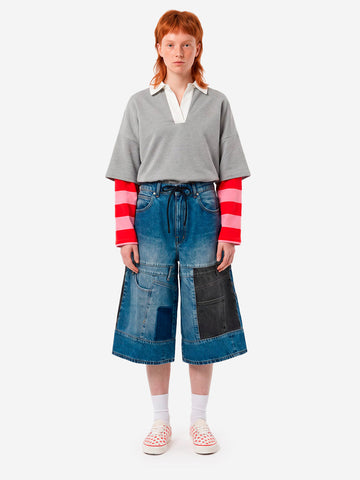 ESSENTIEL ANTWERP Bermuda denim con patchwork a doppio pannello blu e nero Denim