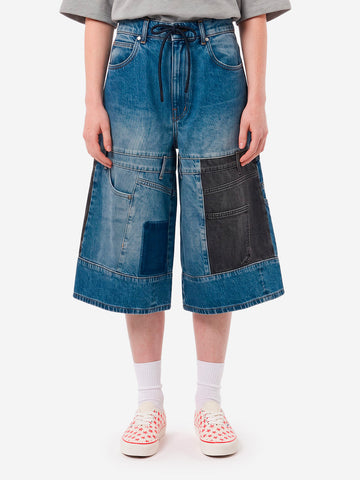ESSENTIEL ANTWERP Bermuda denim con patchwork a doppio pannello blu e nero Denim