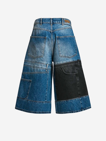 ESSENTIEL ANTWERP Bermuda denim con patchwork a doppio pannello blu e nero Denim