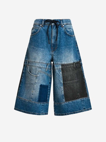 ESSENTIEL ANTWERP Bermuda denim con patchwork a doppio pannello blu e nero Denim