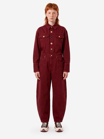 ESSENTIEL ANTWERP Tuta in denim bordeaux con gamba barrel e bottoni gioiello Bordeaux