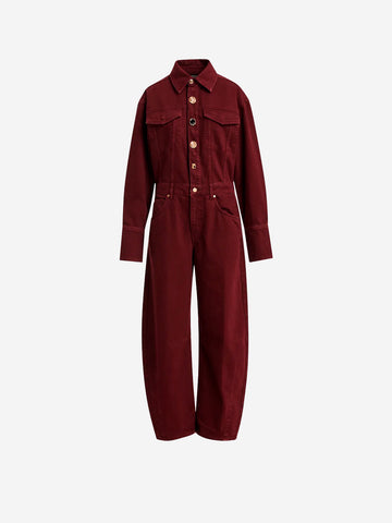 ESSENTIEL ANTWERP Tuta in denim bordeaux con gamba barrel e bottoni gioiello Bordeaux