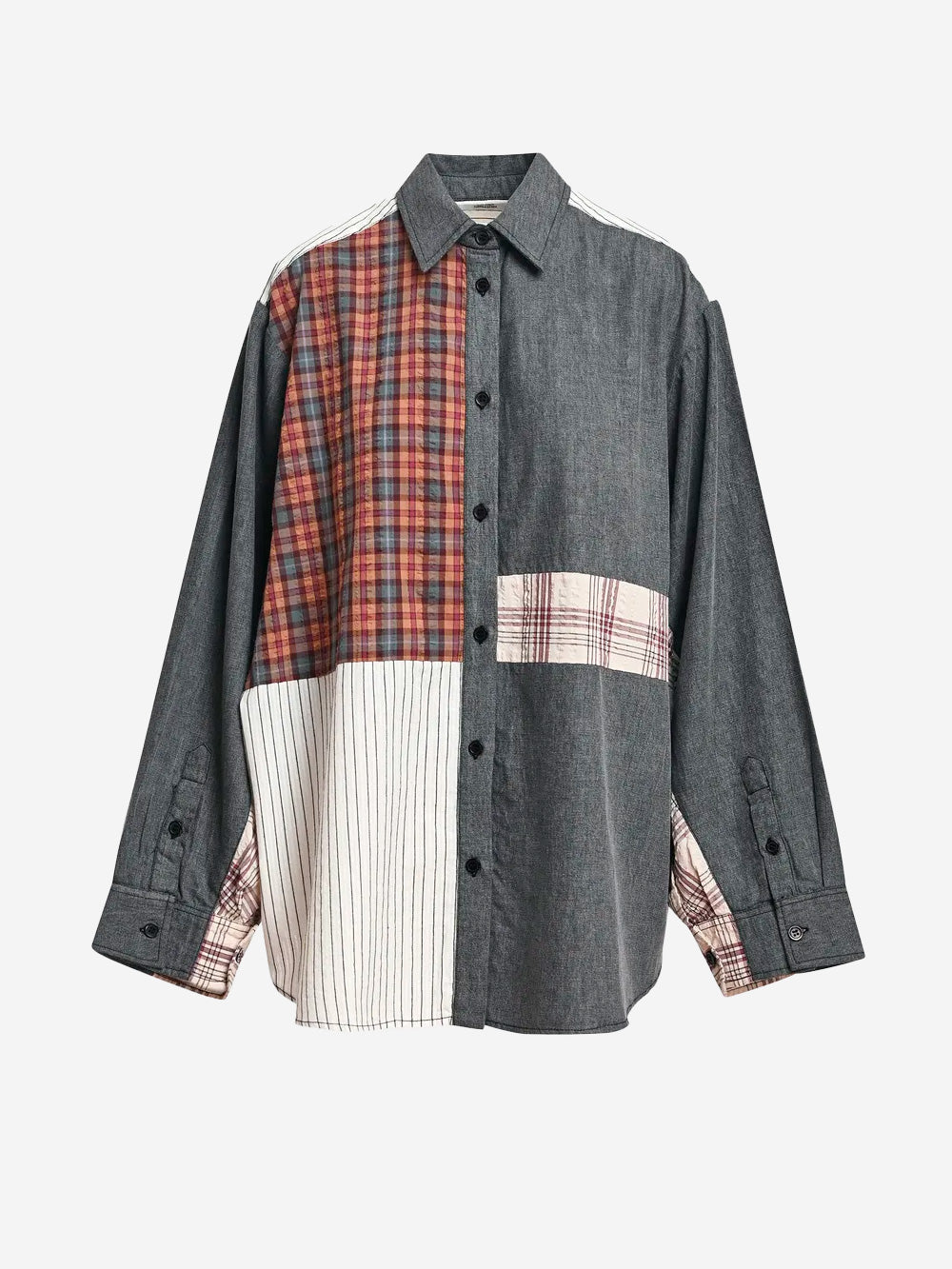 ESSENTIEL ANTWERP Camicia Oversize Patchwork in Cotone Grigio e Marrone Grigio marrone Urbanstaroma