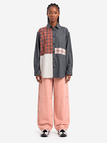 ESSENTIEL ANTWERP Camicia Oversize Patchwork in Cotone Grigio e Marrone Grigio marrone