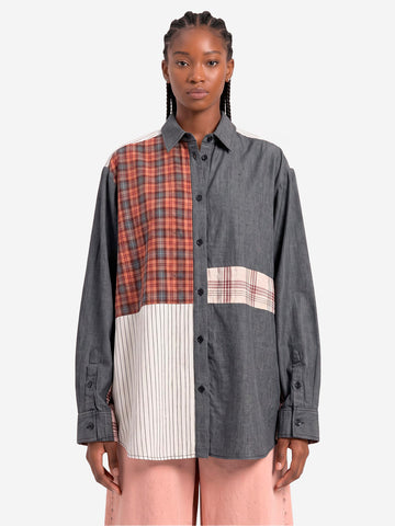 ESSENTIEL ANTWERP Camicia Oversize Patchwork in Cotone Grigio e Marrone Grigio marrone